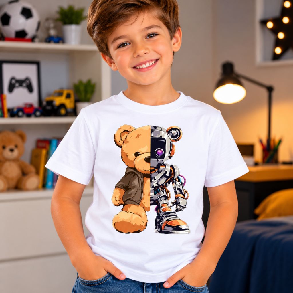 Camiseta Infantil Juvenil T-Shirt Várias Cores Estampa Ursinho Robô Moderna Confortável
