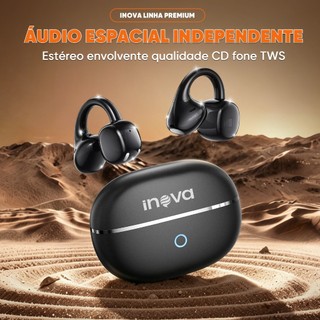 INOVA Fone Clip Ear Premium Áudio Espacial Bateria 36h IPX5 LDAC Microfone Bidirecional Leve Pena