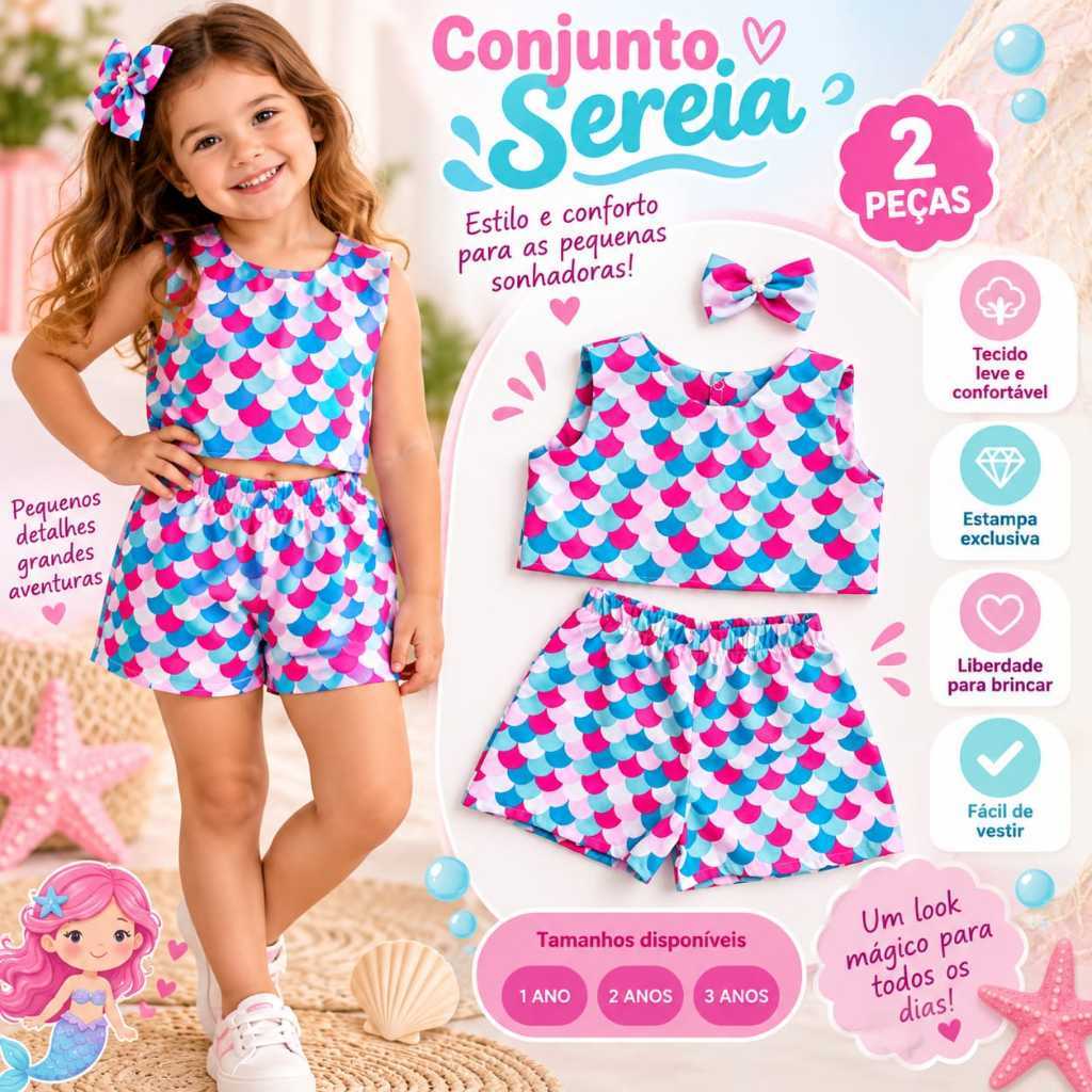 Conjunto Infantil Feminino Verão Blusa Cropped Shorts e Laço – Roupa Infantil Menina