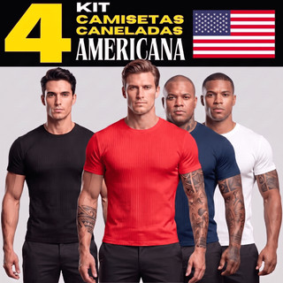 Kit 4 Camiseta Americana Masculina Canelada Slim Fit Básica Ribana Estilo Us Drip Elegante