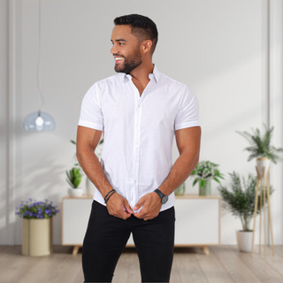 Camisa manga curta slim fit luxo algodão sem bolso não amassa