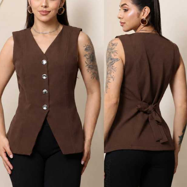 Colete Feminino Alfaiataria Elegante Alongado acinturado Regulavel com Botões social Casual