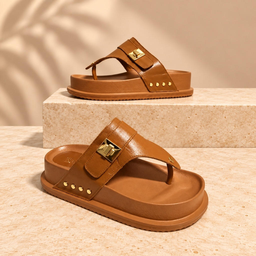 Sandália Papete Feminino Santinelli Couro Legítimo Confortável Plataforma Leve Casual com Detalhes Dourados