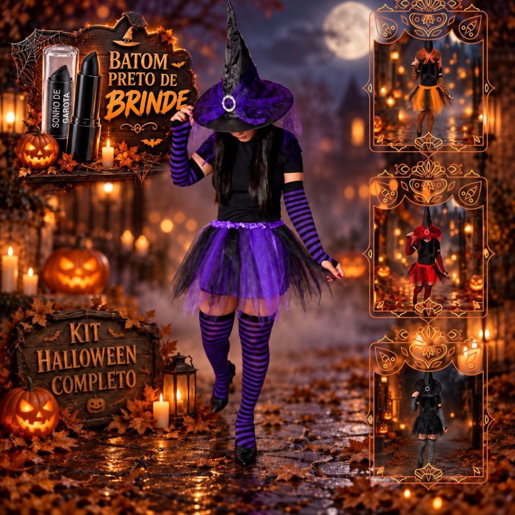 Kit Fantasia Bruxa Halloween Feminina Adulto Juvenil Completa 4 Peças Saia Tule Chapéu
