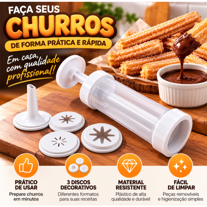 Kit Churros Fácil Nitron Modelador e Recheador Manual com 2 Discos e Bico