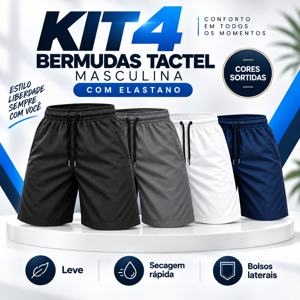 KIT 4 Shorts Masculino Tactel Premium com Elastano Bermuda Leve Academia Treino