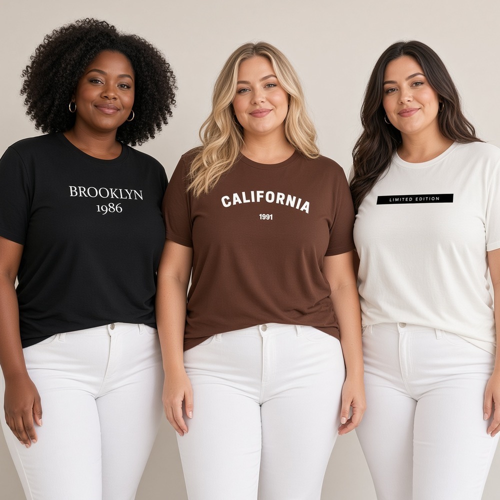 Kit 3 Camisetas Plus Size Femininas G1 ao G4 Estampadas Básicas Street Brooklyn 1986, California e Limited