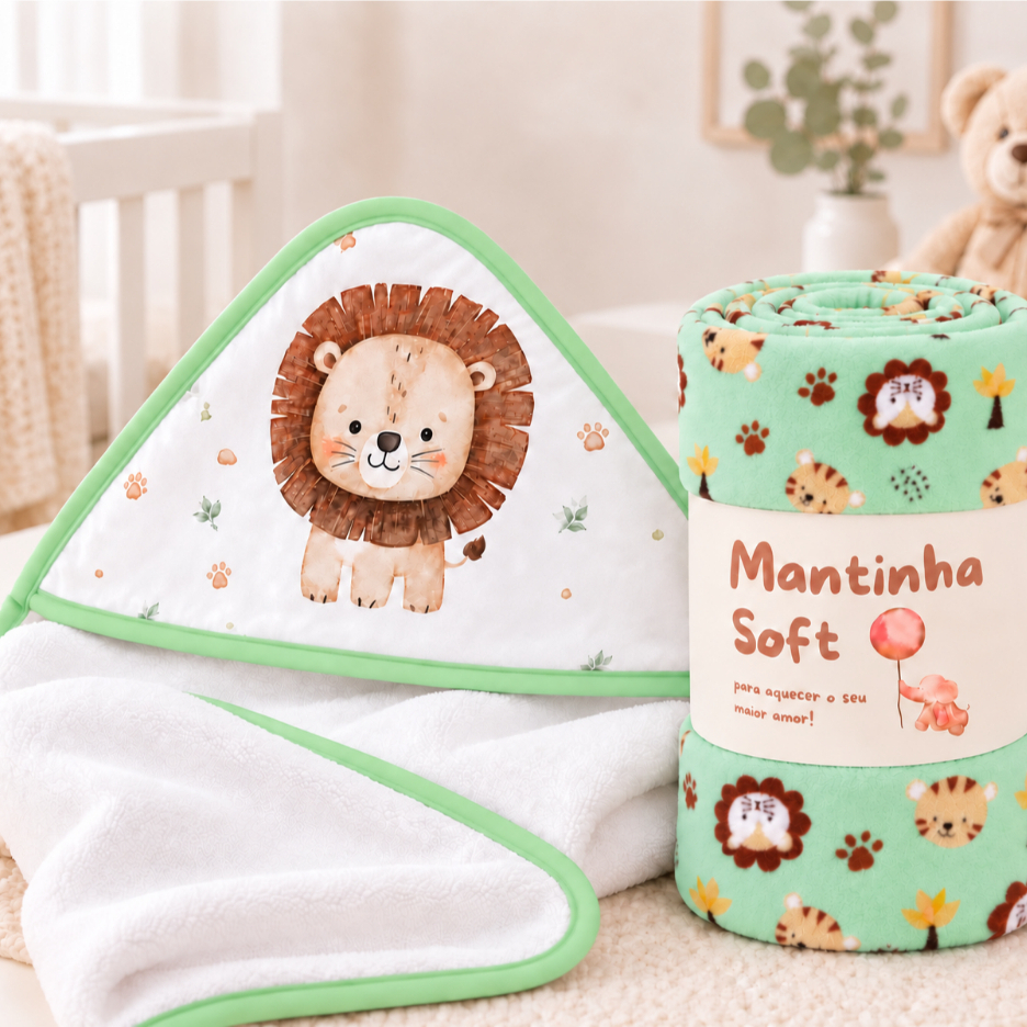 Kit Bebê 2 Peças Manta e Toalha de Banho com Capuz Enxoval Maternidade Menino Menina