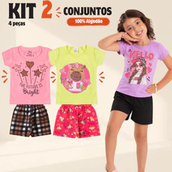 Kit 4 Peças Roupa Infantil e Juvenil Menina Verão 2 Blusas + 2 Shorts Feminino Sortido 1 ao 14