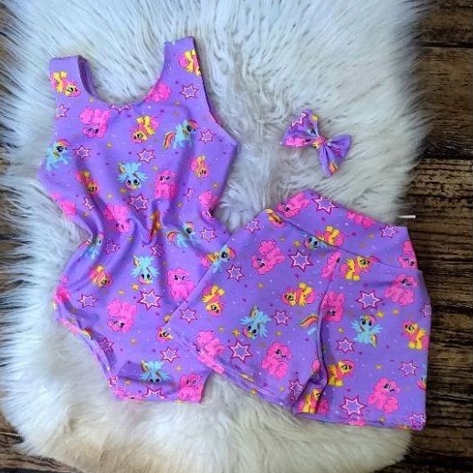 conjunto infantil (3 peças) short suplex +Bory maiô+tiara meses a 6 anos( enviamos estampas sortidas)