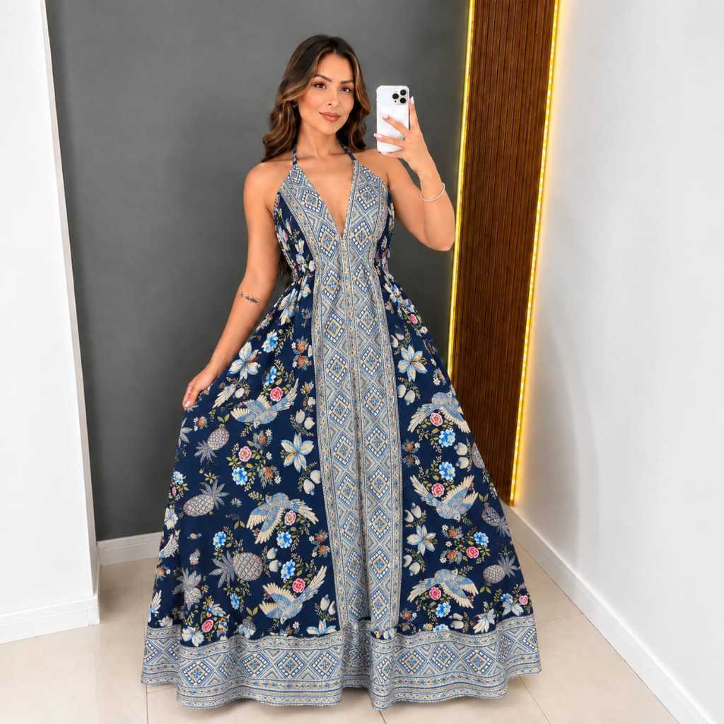 Vestido Indiano Estampado frente Unica costa nua longo