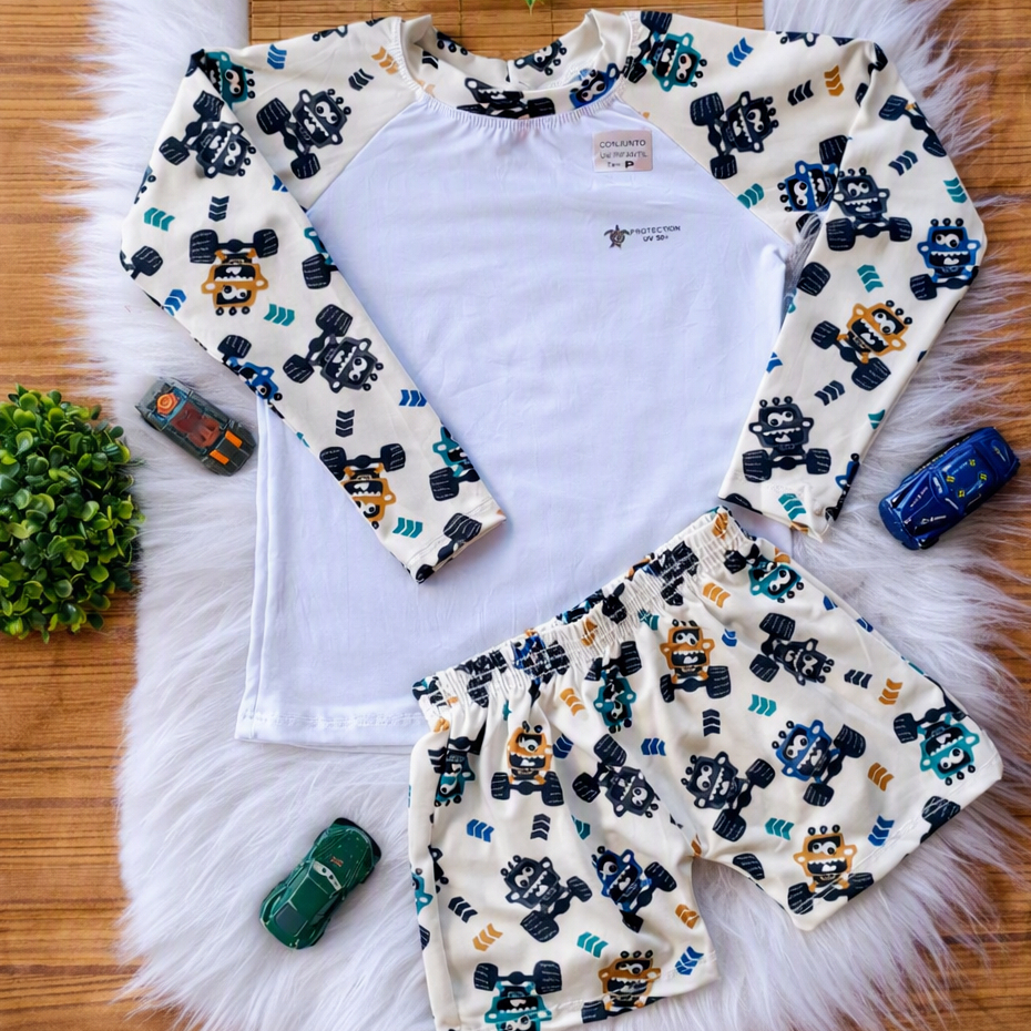 Conjunto Infantil Proteção UV 50+ Com Camisa Manga Longa e Shorts Roupa de Praia E Piscina Estampado
