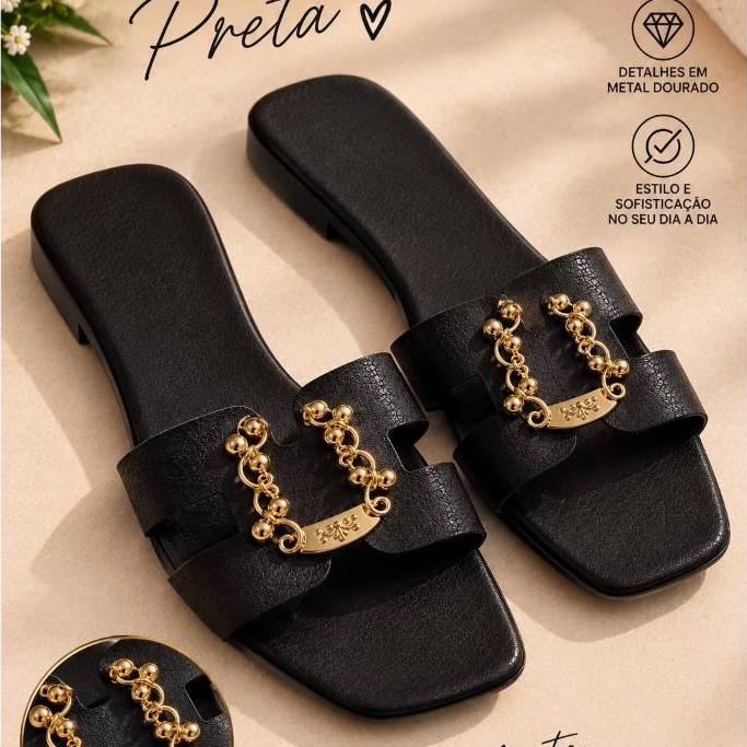 Rasteirinha Feminina Preta Bico Quadrado Detalhe Dourado Sandália Rasteira Elegante Casual Verão Festa
