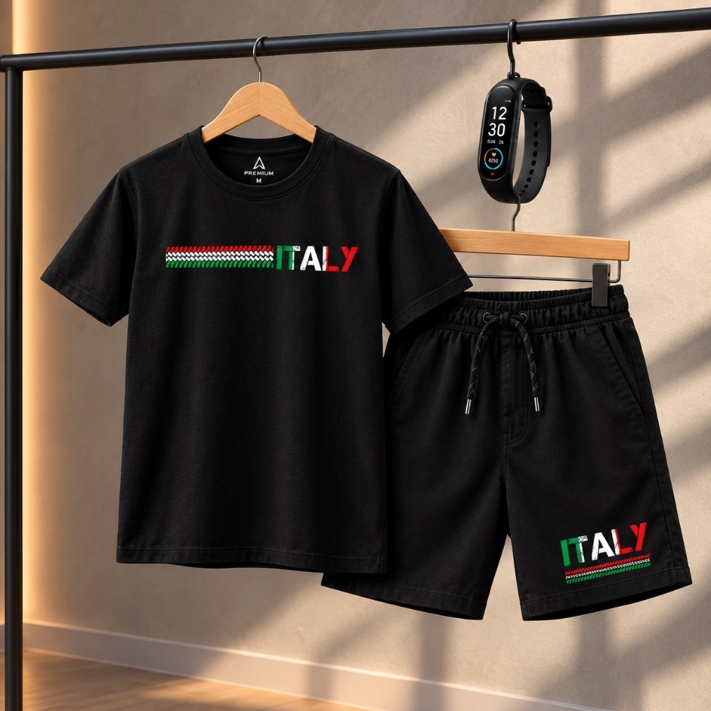 Kit Infantil Camiseta + Shorts Itália Estiloso com Relógio de Brinde | Conjunto Masculino Confortável Moda Infantil Tend