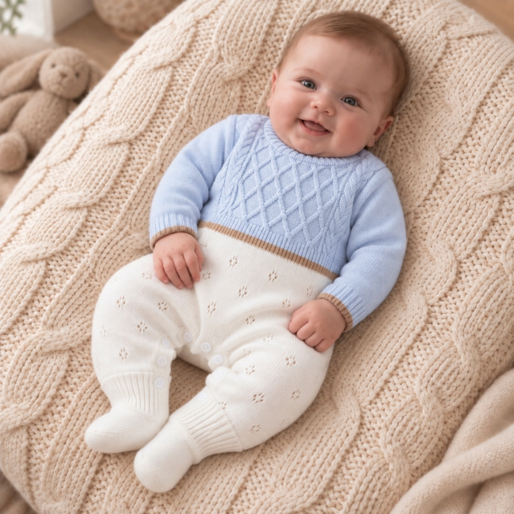 Macacão Tricô Bebê RN com Blusa Saída Maternidade Recém-Nascido Enxoval Infantil Manga Longa