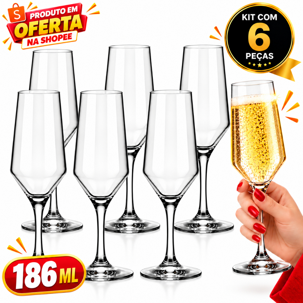 Kit Jogo 6 Taças Sm Buffet de Vidro Temperado Transparente 186ml Para Drinks Bebidas taça de champanhe