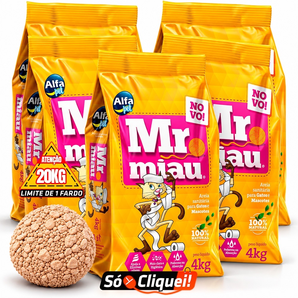 Kit 5 Pacotes Fardo de Areia Mr. Miau 20KG Alfa Pet Granulado Biodegradável Sanitário Evita Odores Forma Torrões Firmes