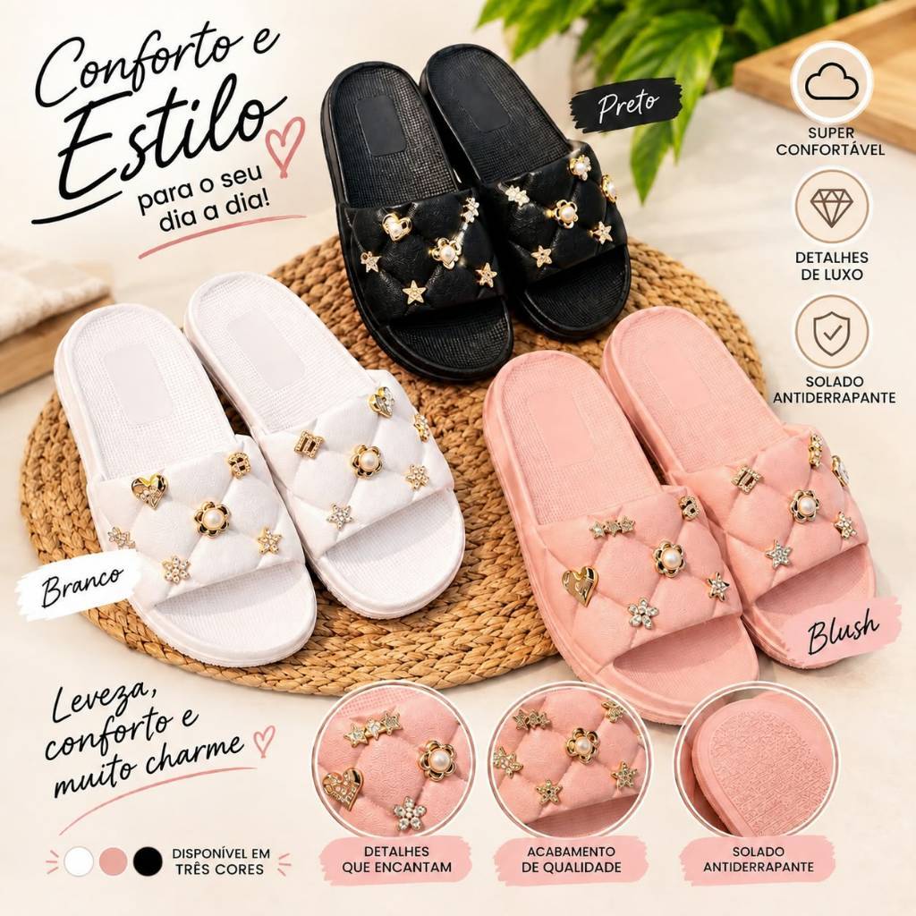 Chinelo Slide Feminino Trançado com Pedrarias e Pérolas | Confortável e Antiderrapante | 3 Cores