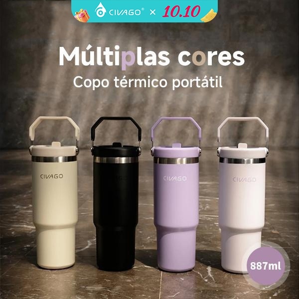 CIVAGO Garrafa Térmica Portátil 887ml Aço Inox BPA Free Antivazamento com Tampa Canudo e Alça Stanley Quente/Frio
