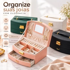 Organizador de Jóias Feminino em Couro Duas Camadas para Anéis Colar Pulseiras Fecho