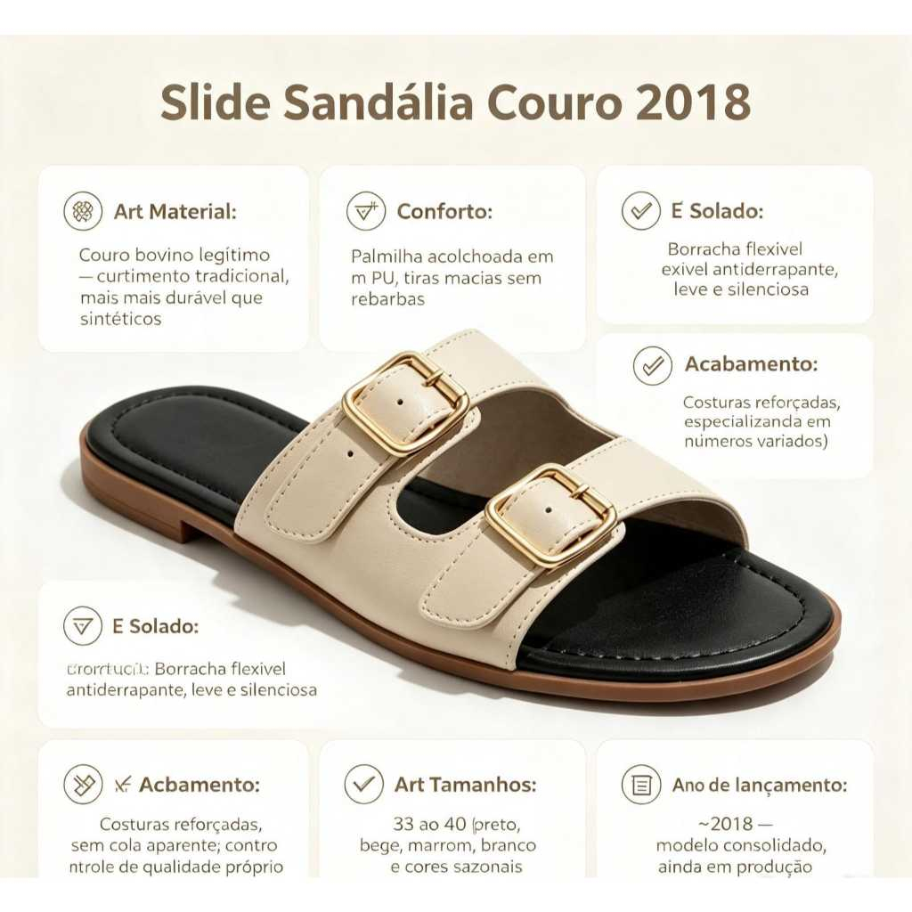 Sandália Rasteira Feminina Couro Legítimo Duas Tiras Fivela Macia Antiderrapante Preta Promoção