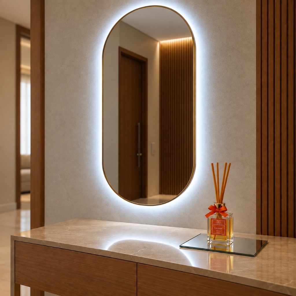 Espelho Oval com LED 80x50 Quente ou Frio + Bandeja Decorativa