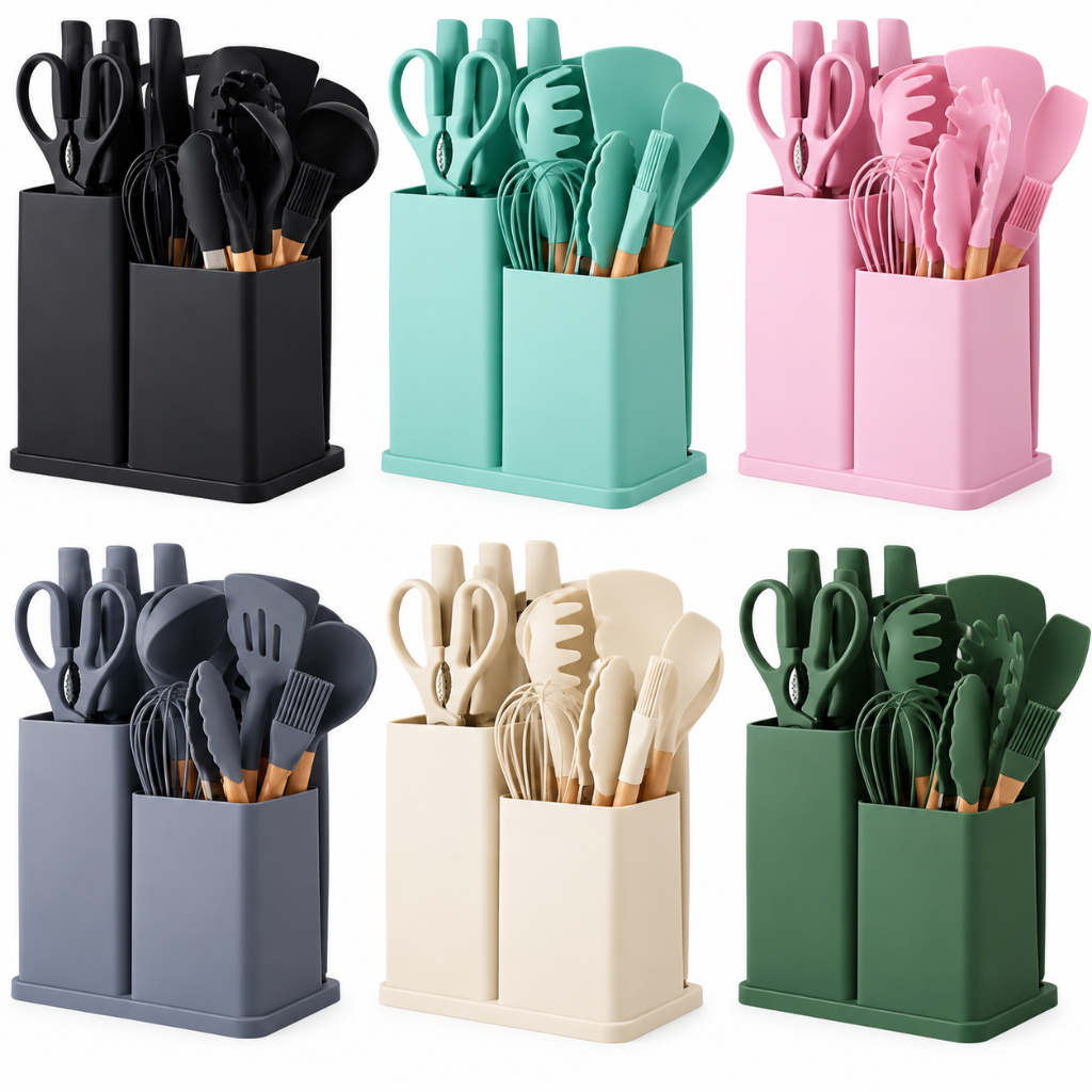 Kit 19 Utensílios de Cozinha Silicone com Facas Inox Tábua Cabo Madeira e Suporte Organizador