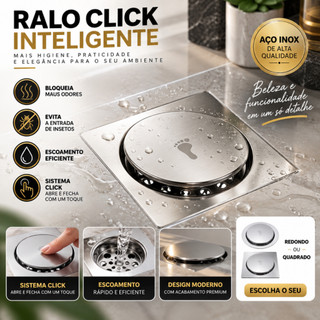Ralo Click Inteligente 10x10 Cm Quadrado Redondo Inox Cromado - Veda Cheiro Banheiro Casa…