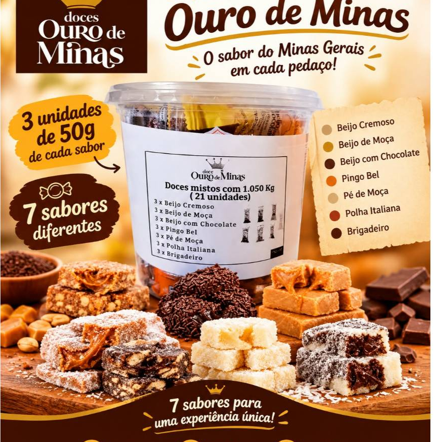 Doce Ouro de Minas Pote Misto c/21 Unid. Pingo Bel Brigadeiro Beijinho Beijo Palha Italiana Pé de Moça Beijo de Moça