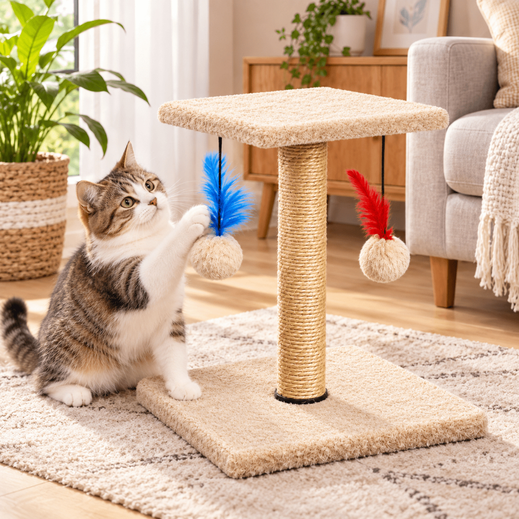 Arranhador para Gatos Poste de Sisal Base Dupla com 2 Bolinhas e Penas Brinquedo Pet