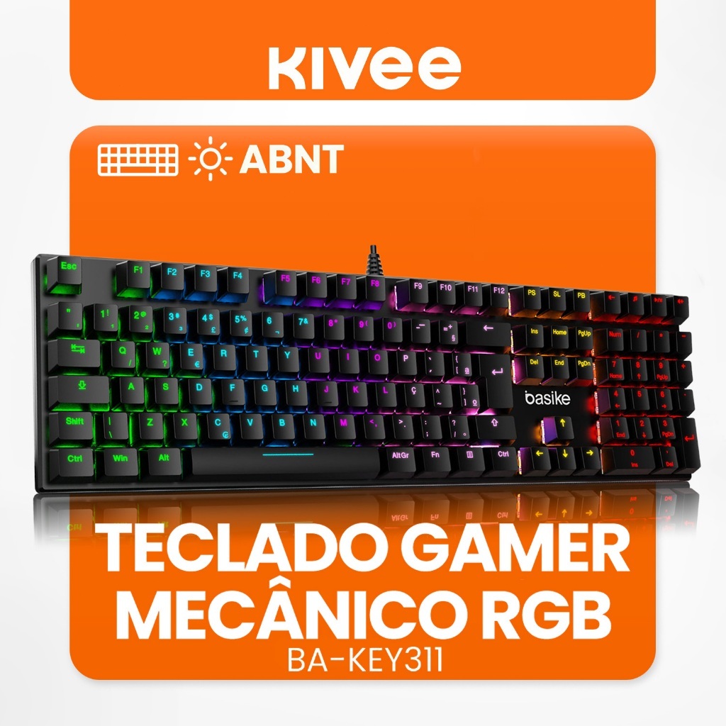 Kivee X Basike Teclado Gamer Semi Mecânico ABNT2 RGB Retroiluminado Anti-Ghosting Multimídia USB PC KEY310