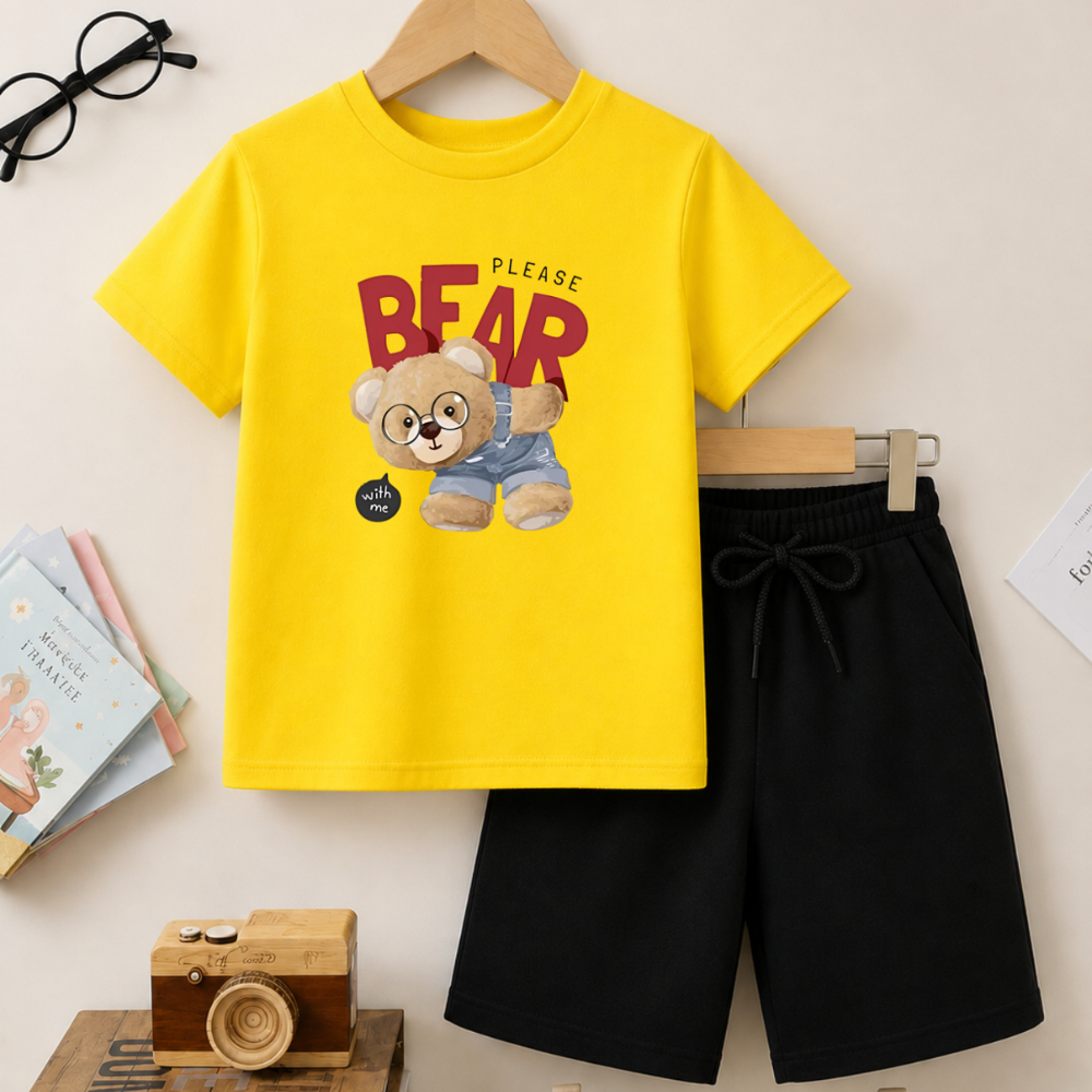 Conjunto Infantil Masculino Please Bear Urso 1580 Criança Meninos Passeio Escola Férias Camiseta Conforto Verão Shorts