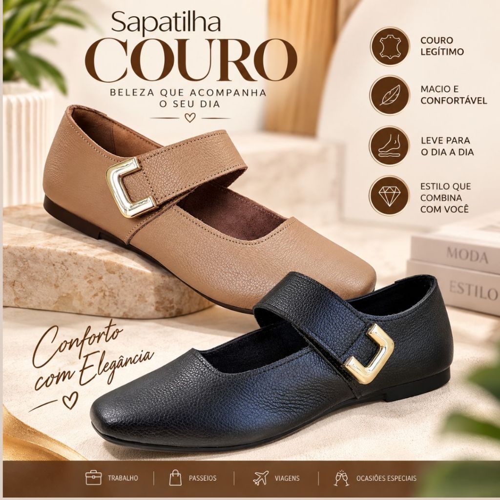Sapatilha Casual Feminina Quadrada Elegânte Couro Legítimo Leve Macio Velcro - MARTINA 69
