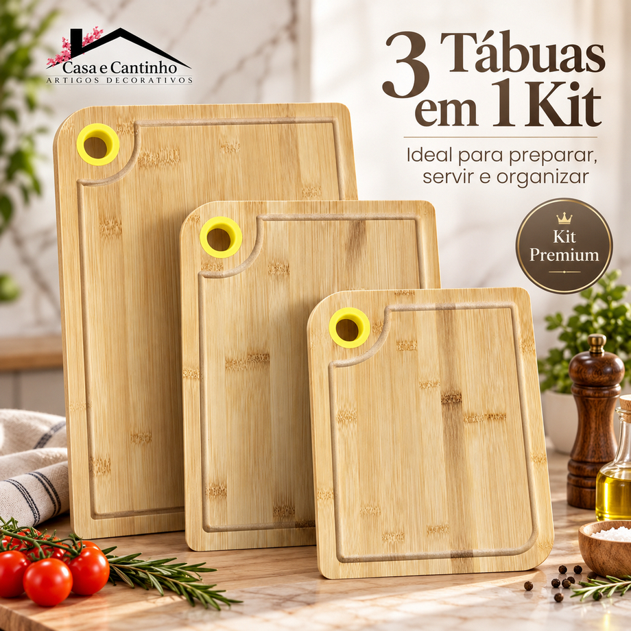 Kit Tábua 3 Peças de Bambu Com alça Silicone Cortes Petisqueira Premium Frios de Servir Cozinha
