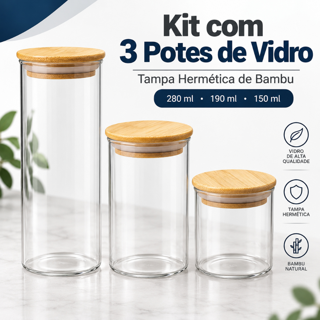 Kit 3 Potes Herméticos de Vidro com Tampa de Bambu 280ml 190ml 150ml para Temperos Grãos e Condimentos