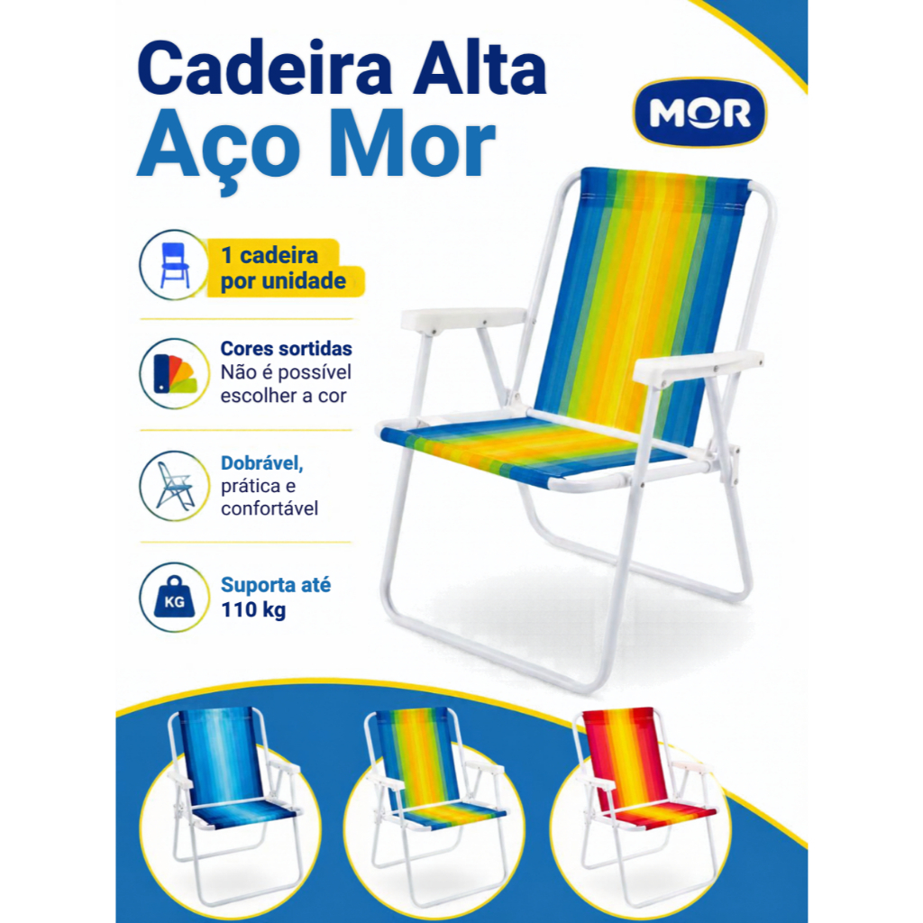 Cadeira de Praia Aço Dobrável Mor - Resistente, Prática e Cores Sortidas