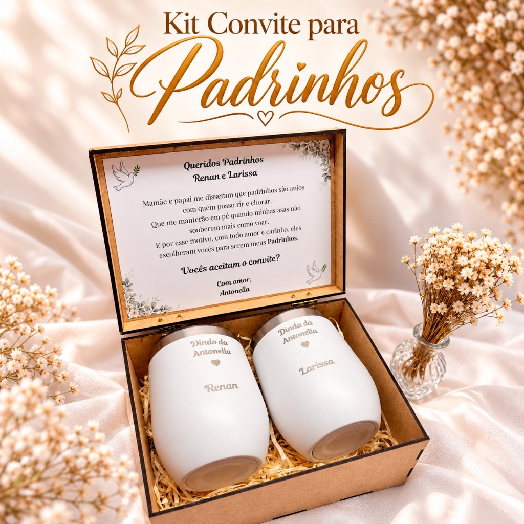 Kit Convite Personalizado para Padrinhos de Batismo ou Casamento com Copos Térmicos 350ml e Caixa MDF