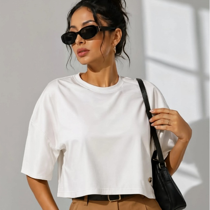 Cropped Feminino Oversized Liso Camiseta Algodão Blusa Básica Academia Casual Confortável Streetwear Dia a Dia Feminina