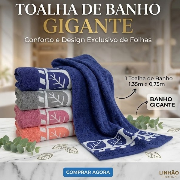 Toalha de Banho Gigante Bordada Luxo Folha Macia 100% Algodão 1,35x75cm  - Feminino Masculino 1un