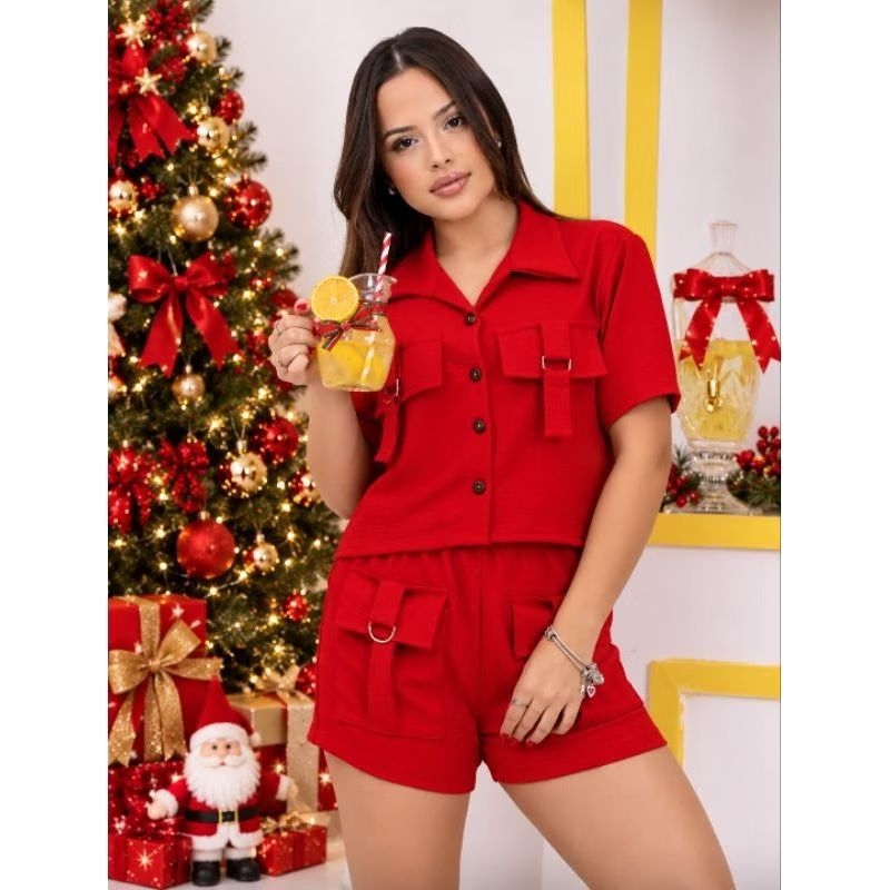 Conjunto Juvenil Feminino infantil  Verão Blusa adolescente menina  Short  Bolso Cargo 12 /14/ 16  Roupa Natal casual