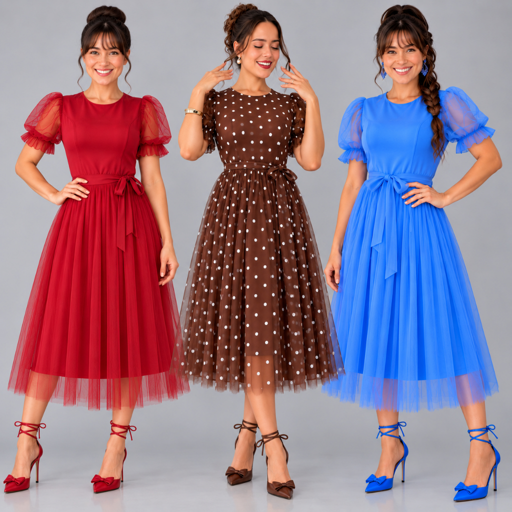 Promoção Vestido Midi Evangelico de Tule Lisso Manga Princesa com Lazo Elegante Congresso
