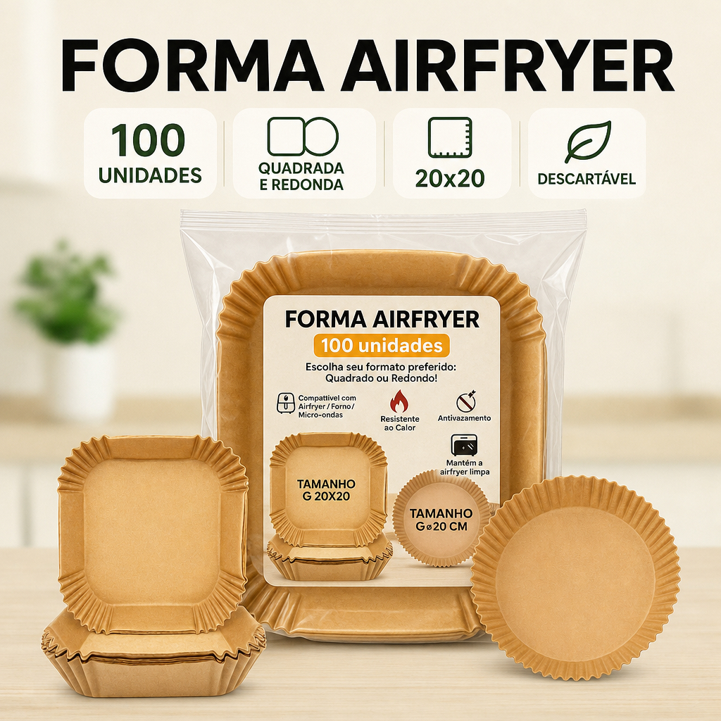Imagem 100 Formas Descartáveis para Airfryer Quadrada Forro Papel Antiaderente