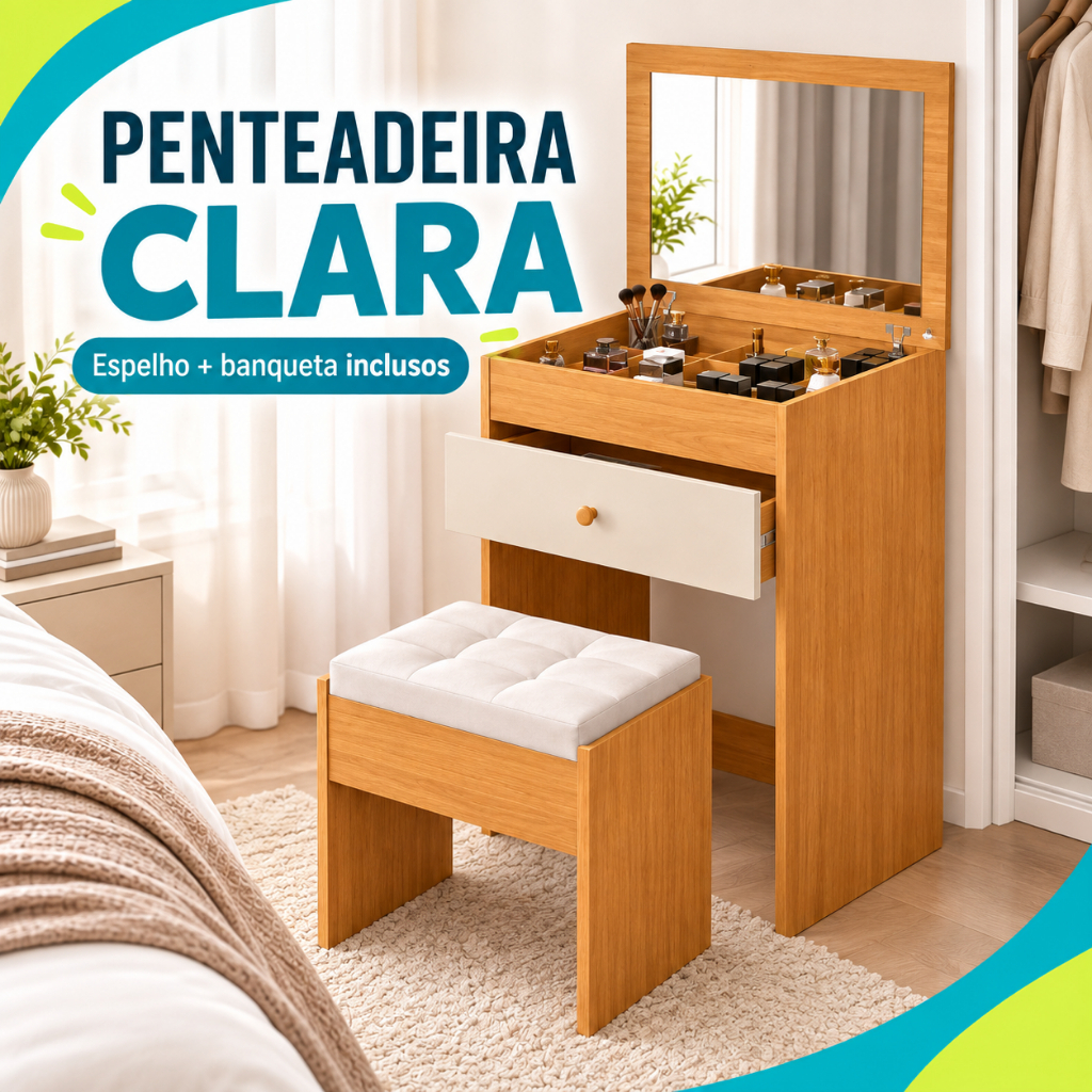 Penteadeira Clara Com Espelho 1 Gavetas Divisórias e Banqueta Inclusa 100% MDF Compacta