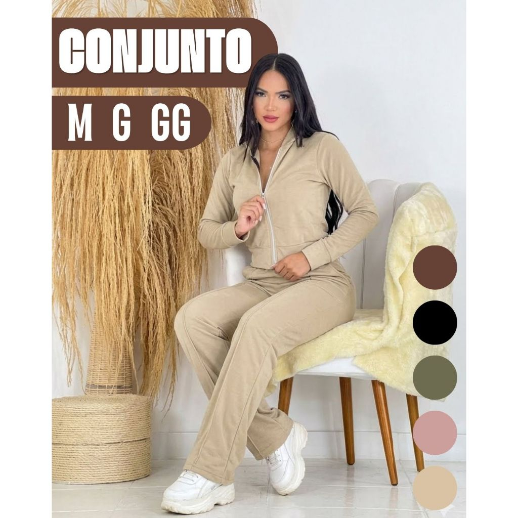 CONJUNTO FEMININO MOLETINHO COM CALÇA PANTALONA COM BOLSO,CASACO COM ZÍPER CAPUZ CONJUNTO FEMININO PARA INVERNO E OUTONO