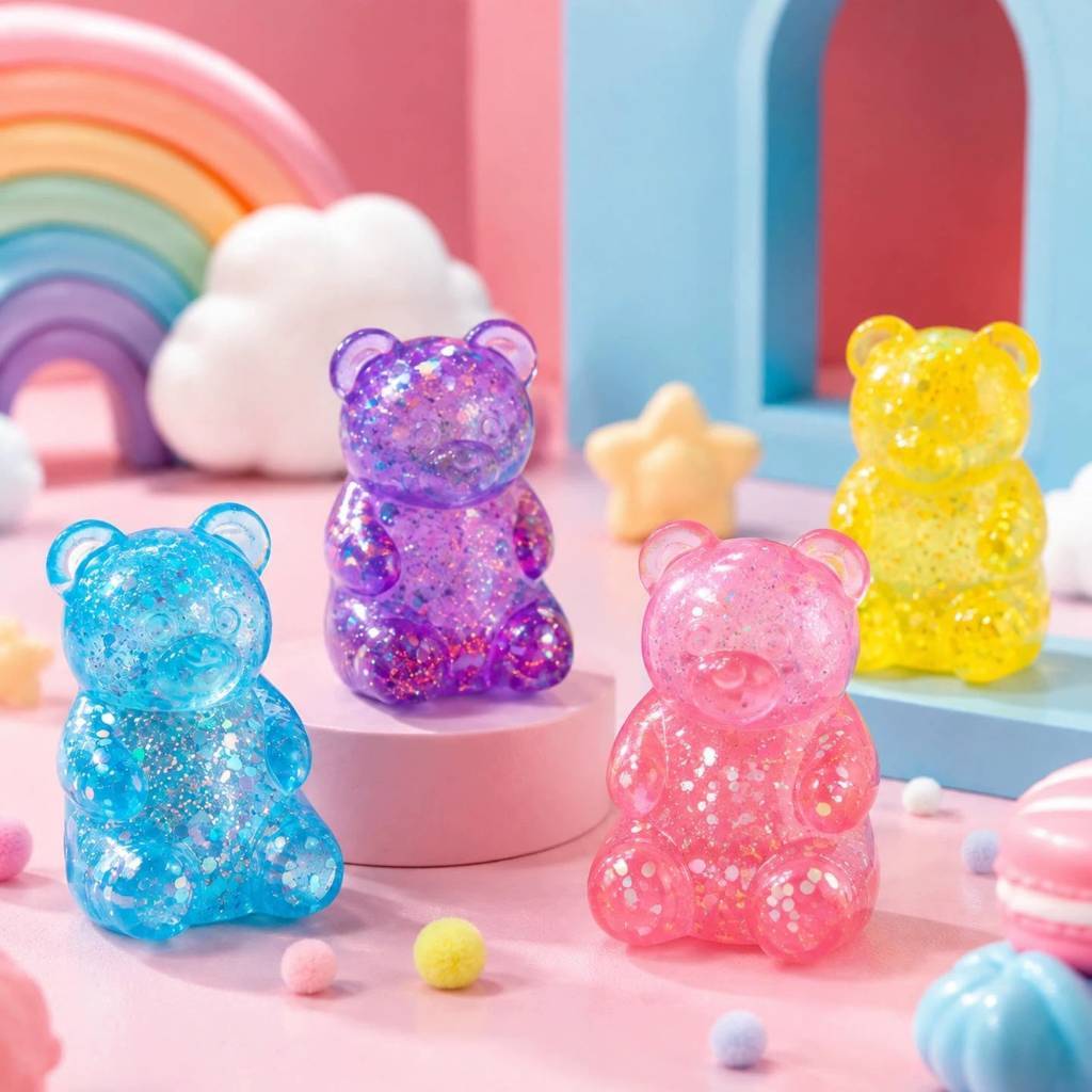 Squishy Ursinho Gummy Bear com Glitter Macio de Apertar Antiestresse Brinquedo Sensorial Fofo Colorido