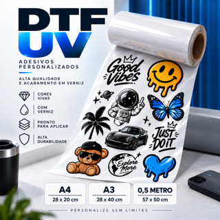 DTF UV Personalizado A4 A3 e Metro | Adesivo com Verniz Pronto para Aplicar