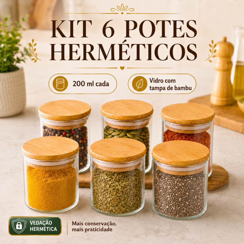 Kit 6 potes bambu ‌hermético 200ml