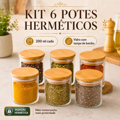 Conjunto de 6 Potes Ideal Para Temperos e Alimentos Pote de Vidro com Tampa de Bambu Hermético 200ml Alta Vedação