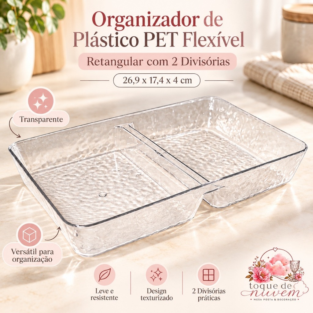 Organizador PET Flexível 2 Divisórias 26,9x17,4x4cm Transparente Gaveta Cozinha Banheiro Organizador