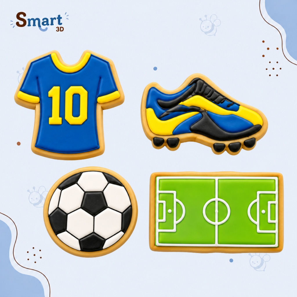 Kit 4 de cortador de biscoito  Futebol - campo de futebol, bola, chuteira e camisa 6,5cm